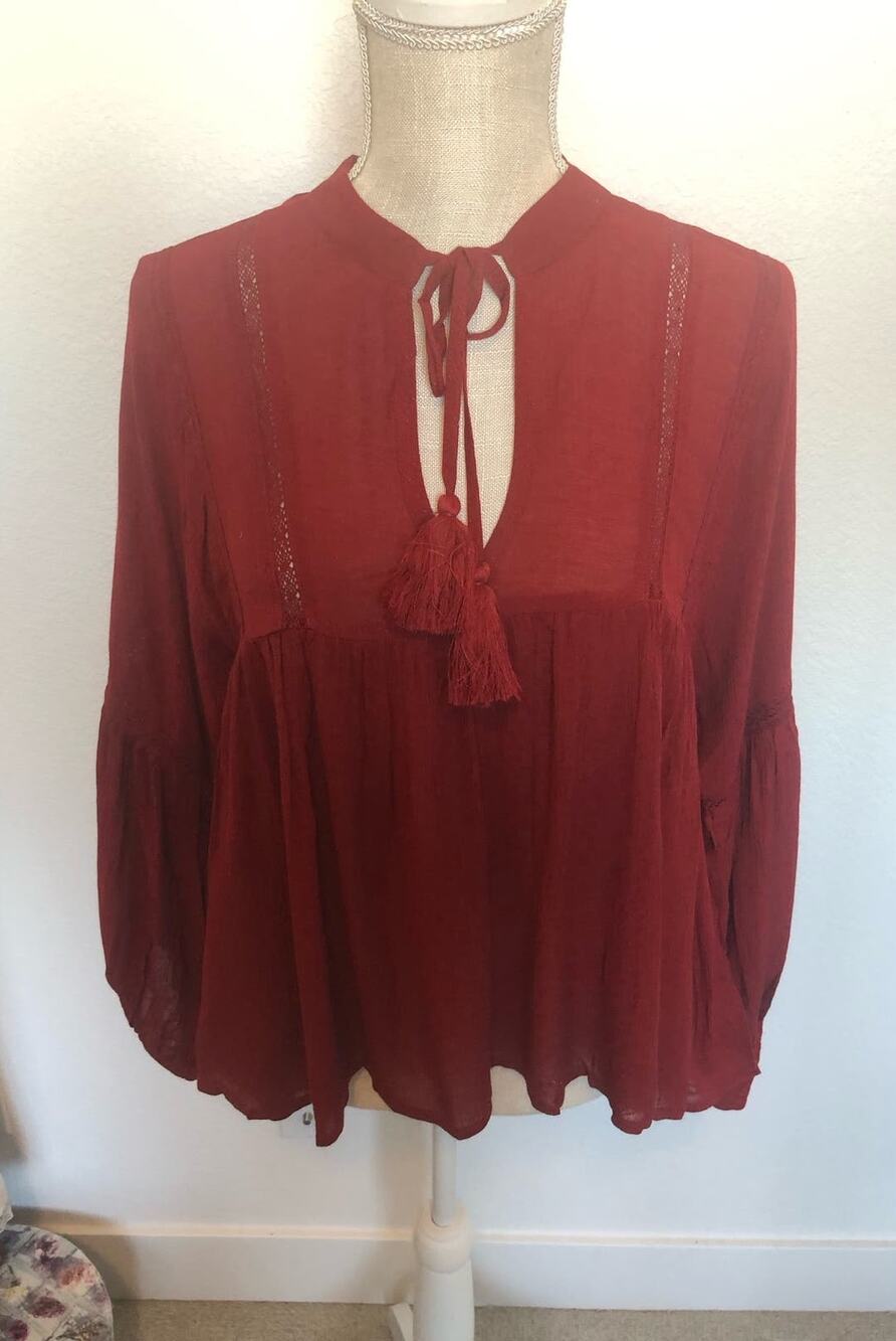 Lottie & Holly Garnett Red Gauze Peasant Blouse - M